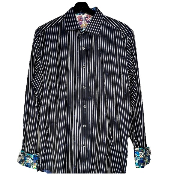Robert Graham Men's Button Shirt L Navy Blue Pattern Long Sleeve Flip Cuffs - Picture 1 of 14